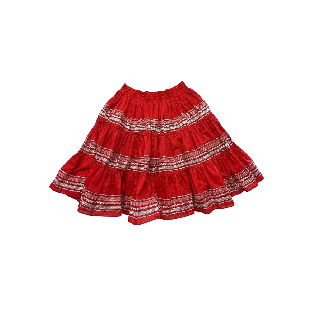 Square Up Fashions Red Dance Skirt Metallic Ruffle Fair M USA Made